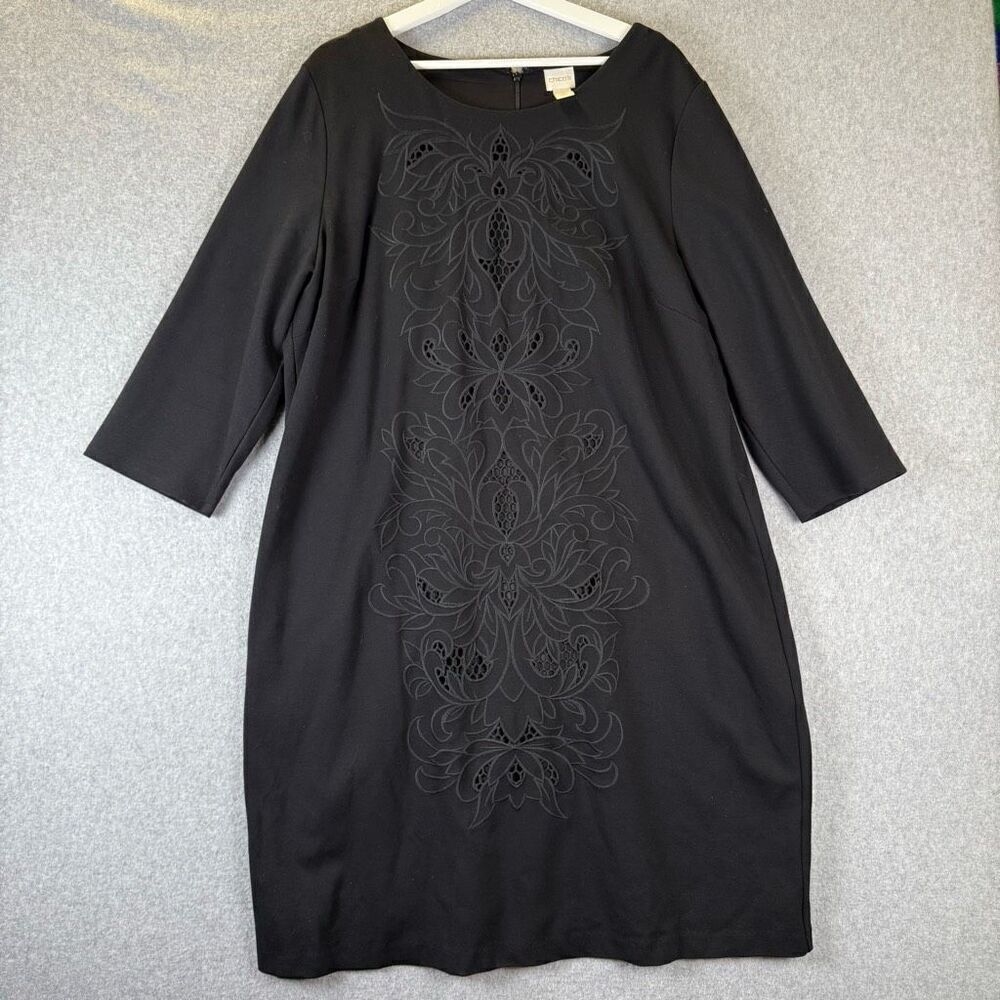 Chico's womens size 4 (XXL) dress 3/4 sleeve Sheath Black embroidered ponte knit